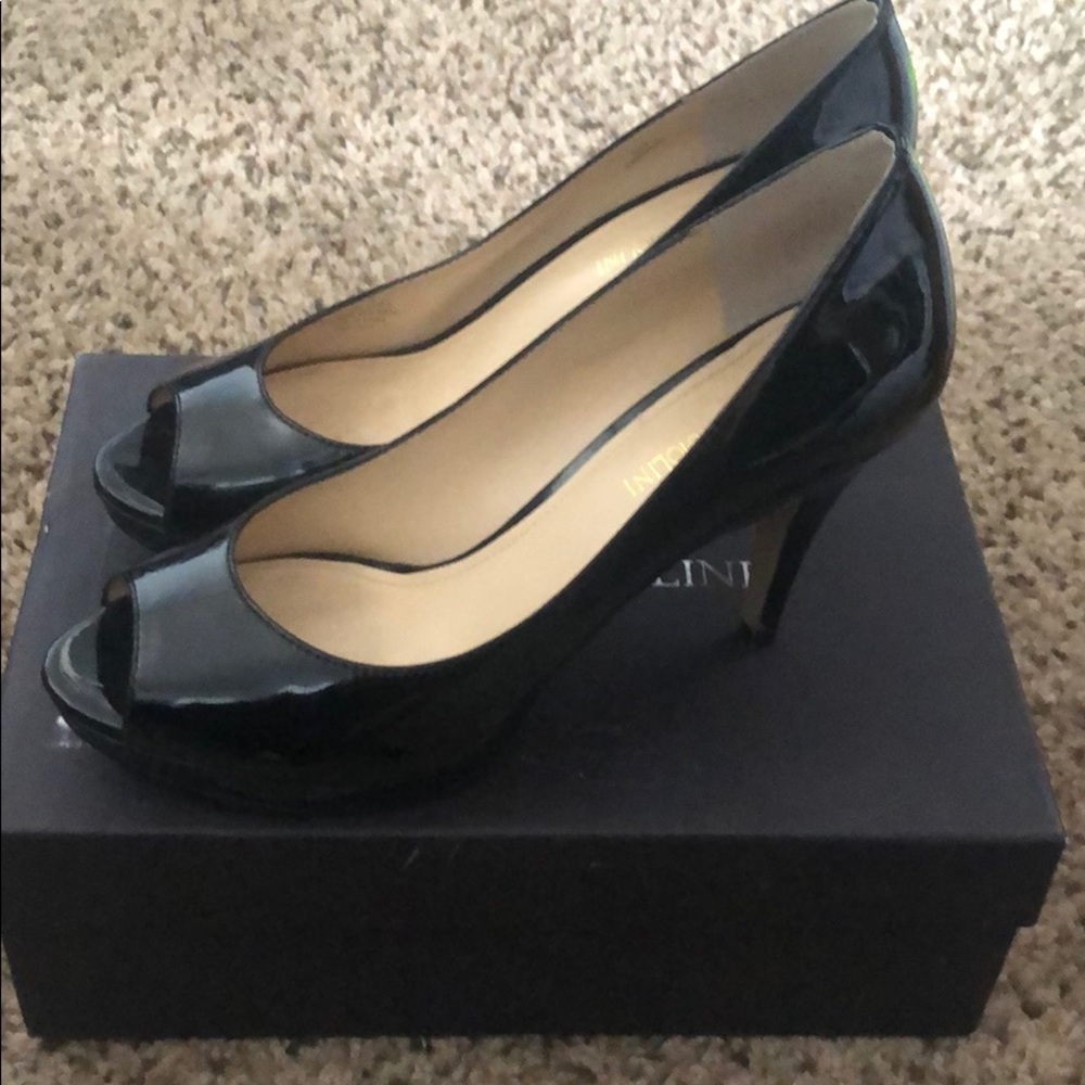 Black patent platform heels